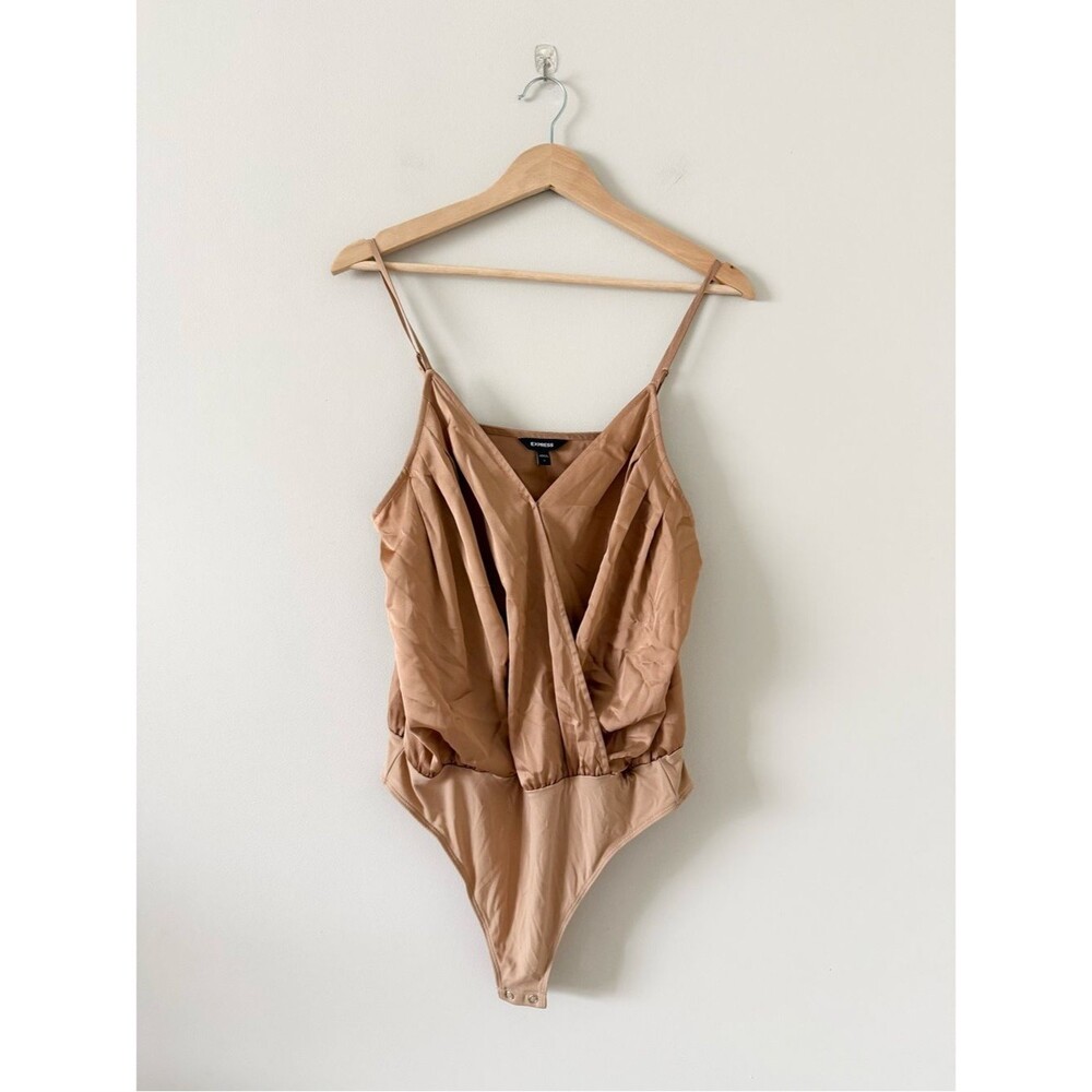 NWT Express Beige Satin Surplice Cami Strap Snap Gusset Bodysuit Size L